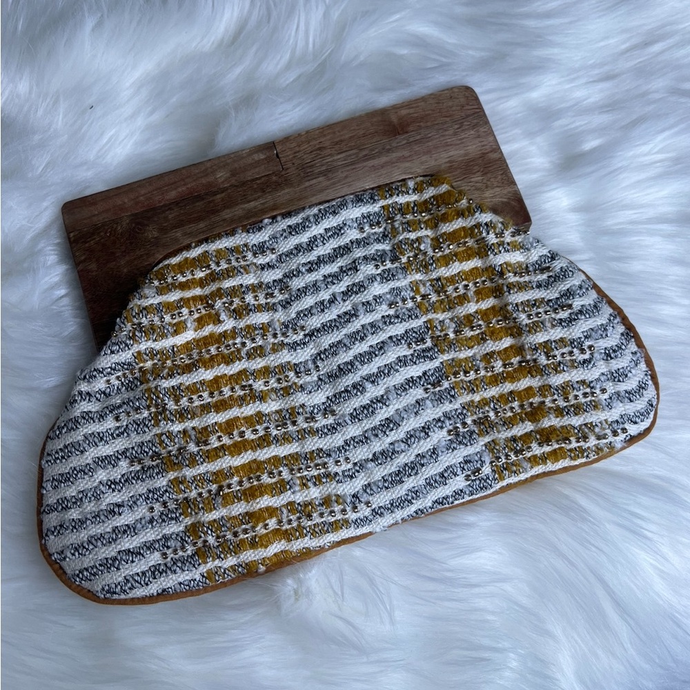 Chole and Lex Wood Handle Clutch Yellow and Cream